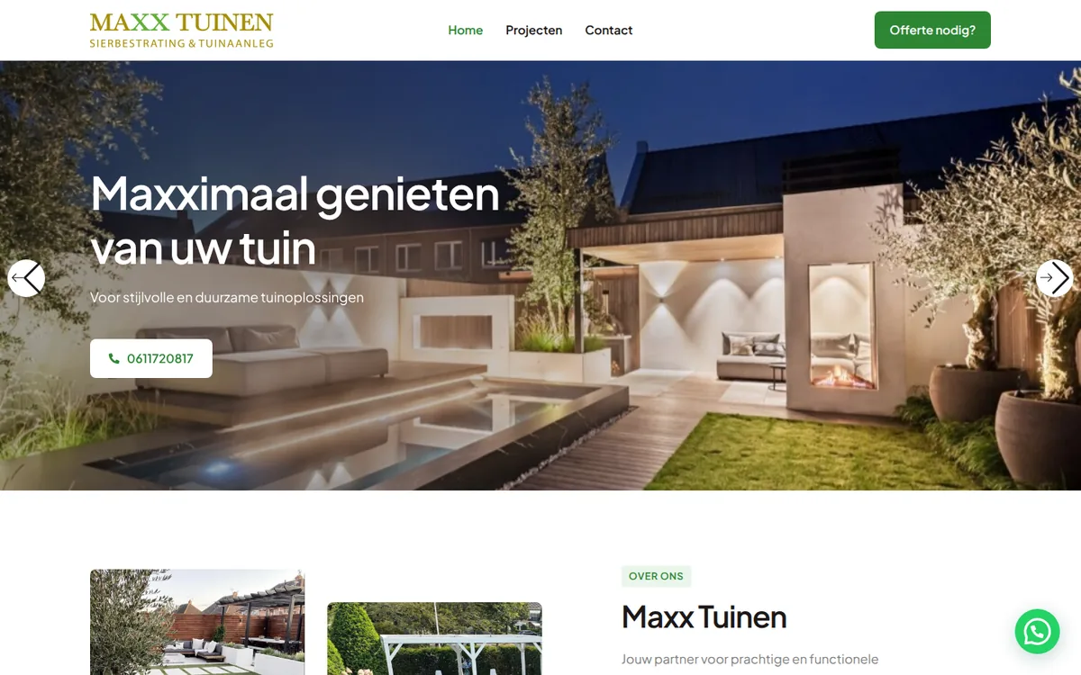 Homepage van maxxtuinen.nl met een aangelegde tuin en de knop om een offerte aan te vragen