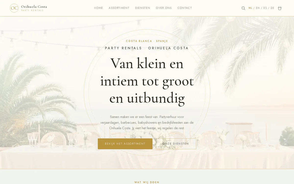 Homepage van partyrentalsorihuelacosta.com met het assortiment en de diensten