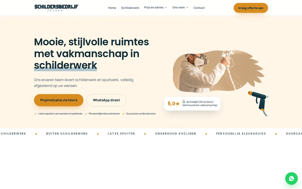 Homepage van schildersbedrijfvelsen.nl met de knop voor een prijsindicatie via foto's