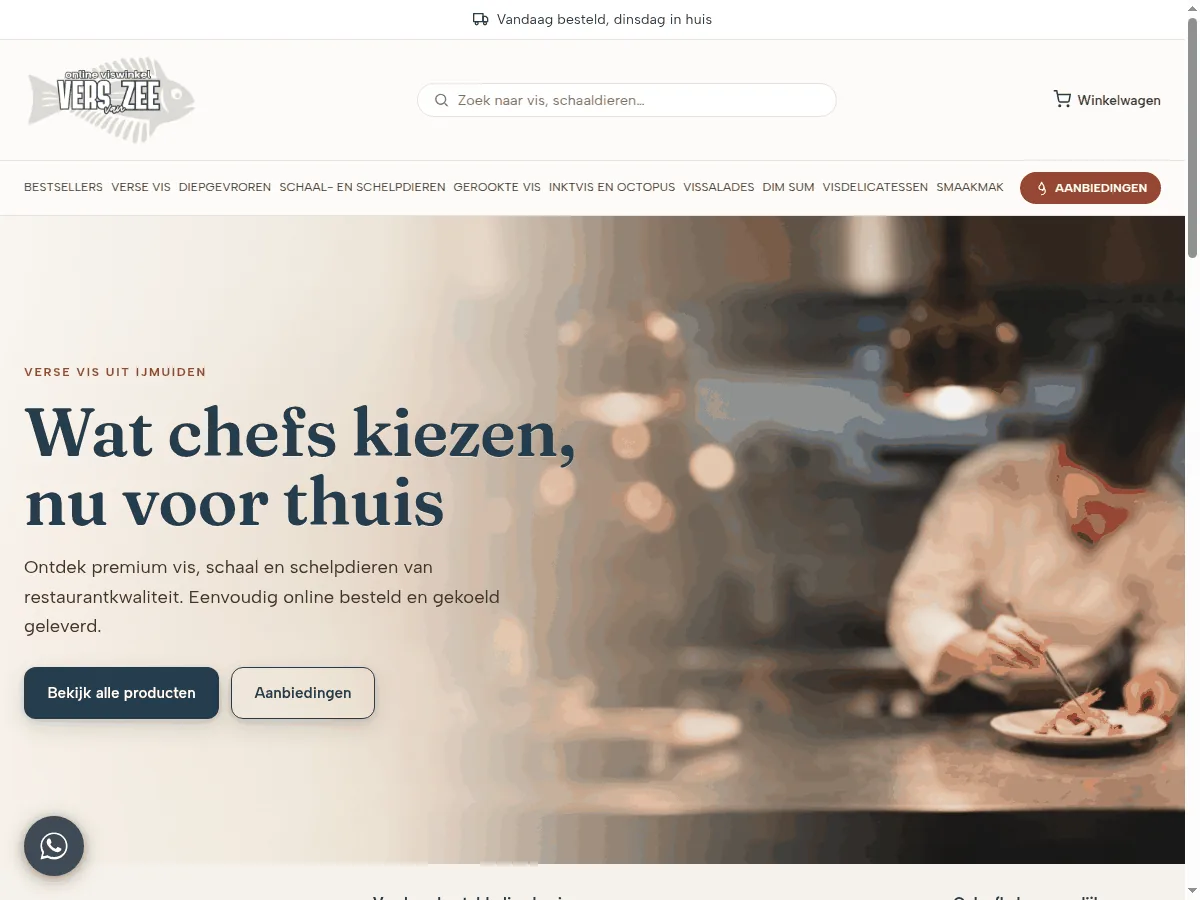 Homepage van versvanzee.nl met de webshop voor verse vis